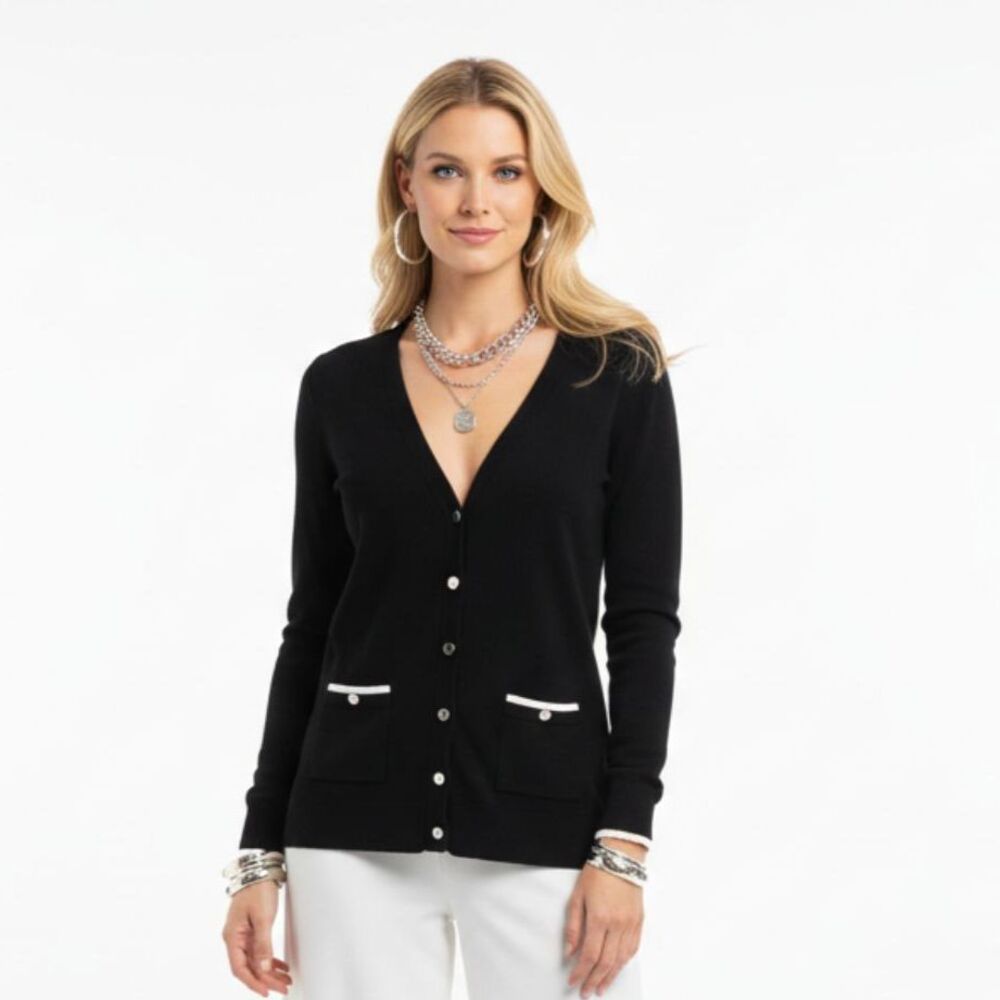 Black Snap Ribbed Long Sleeve Cardigan Sweater by White House Black Market S